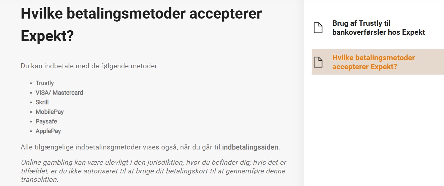 Expekt betalingsmuligheder