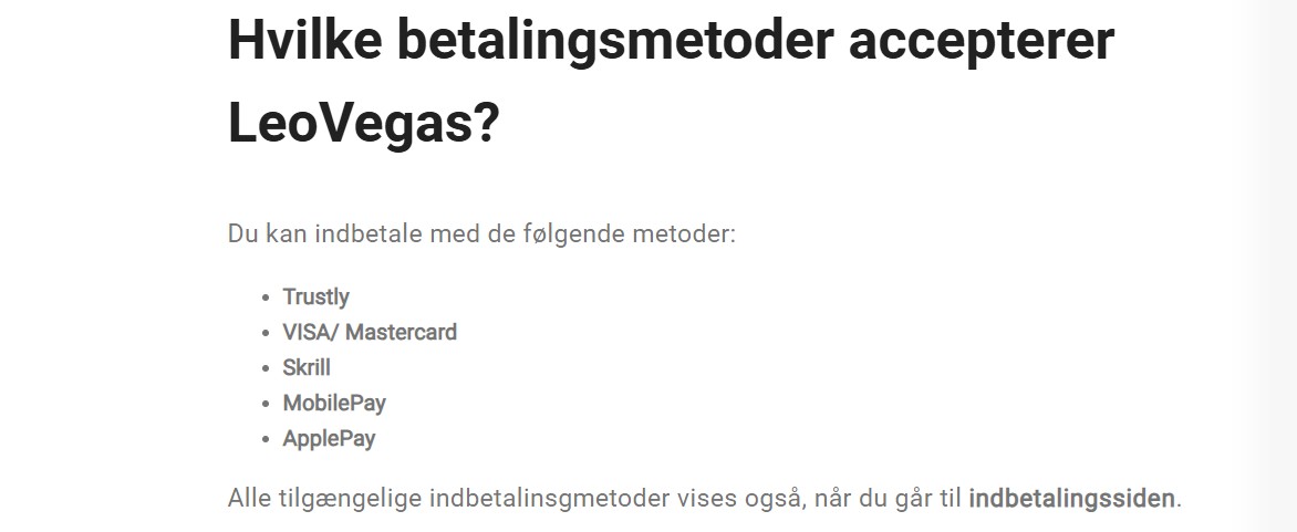 LeoVegas betalingsmetoder Danmark