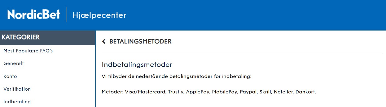 Betalingsmetoder hos NordicBet