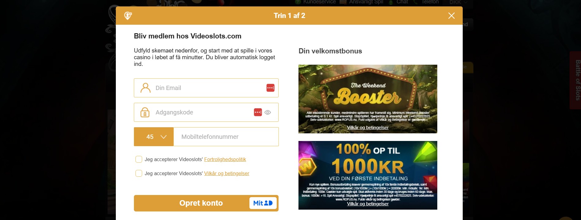 Opret konto hos Videoslots DK