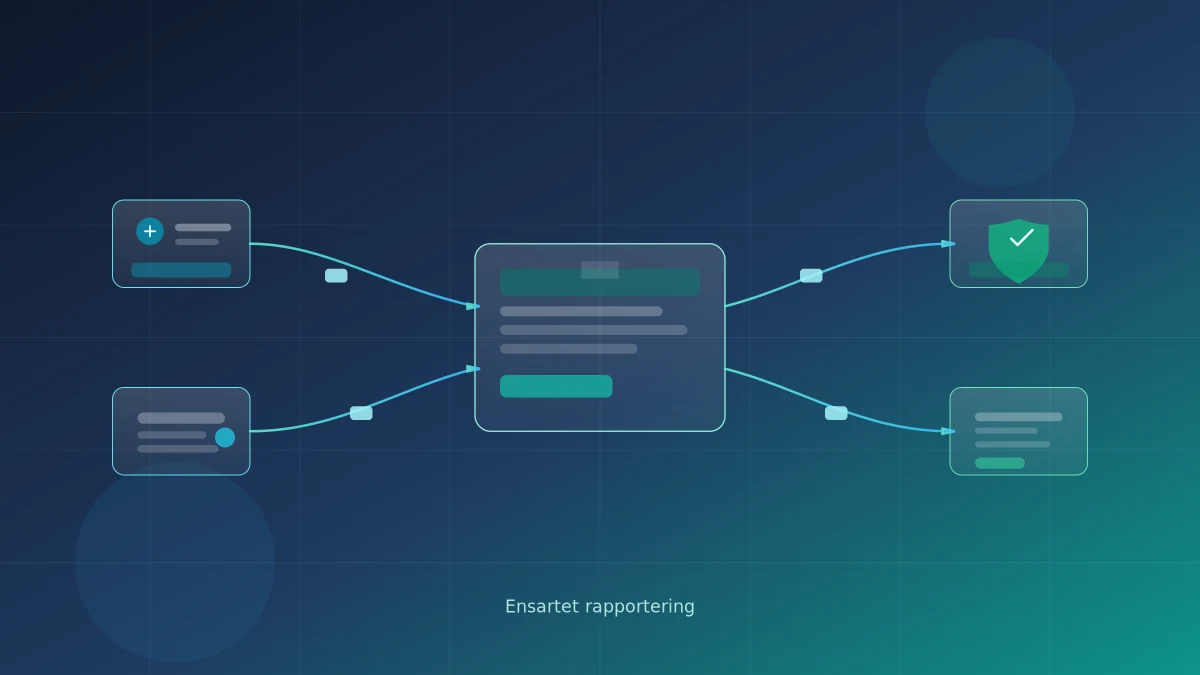 Abstrakt illustration af standardiseret rapportering af transaktionsdata mellem systemer — tema sikre transaktionsflow og ensartet AML-rapportering