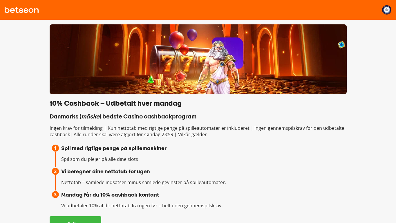 Betsson-kampagne med 10 procent cashback på nettotab fra spilleautomater hver mandag