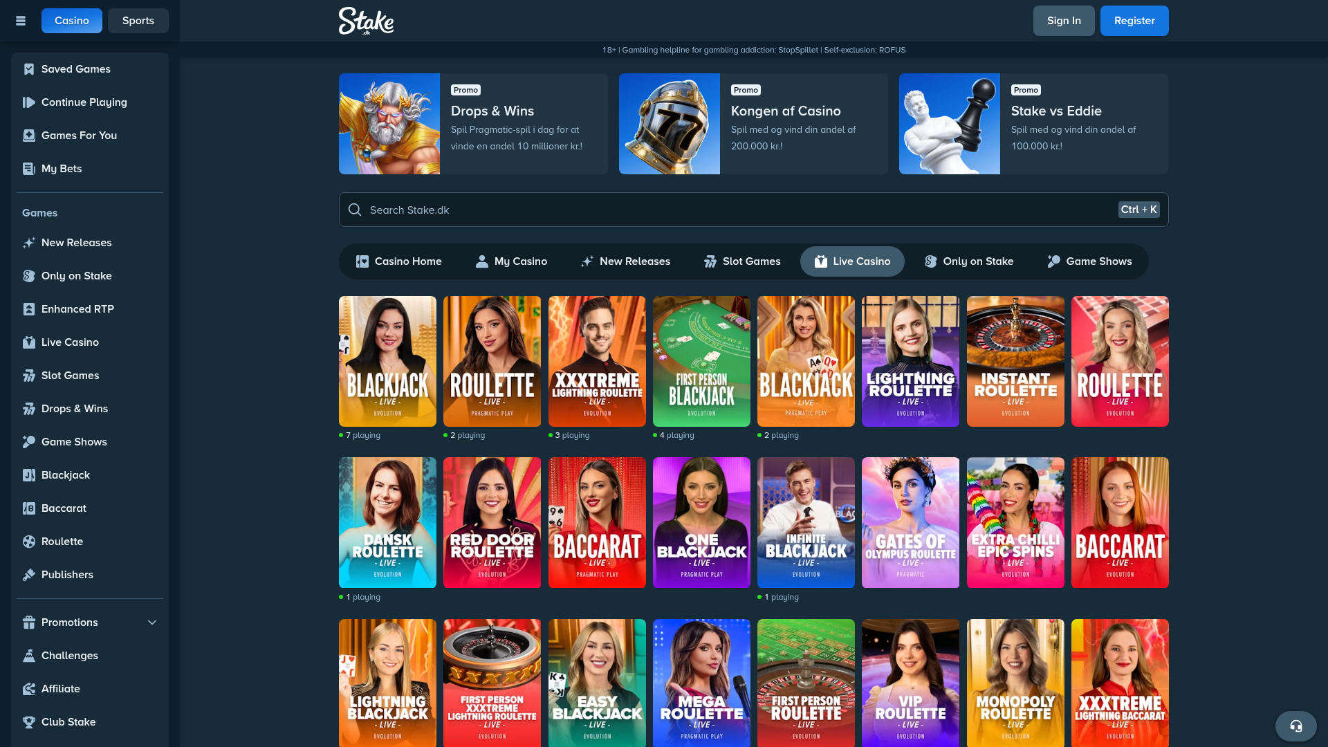 Stake.dk live casino med blackjack, roulette og baccarat den 16. september 2026