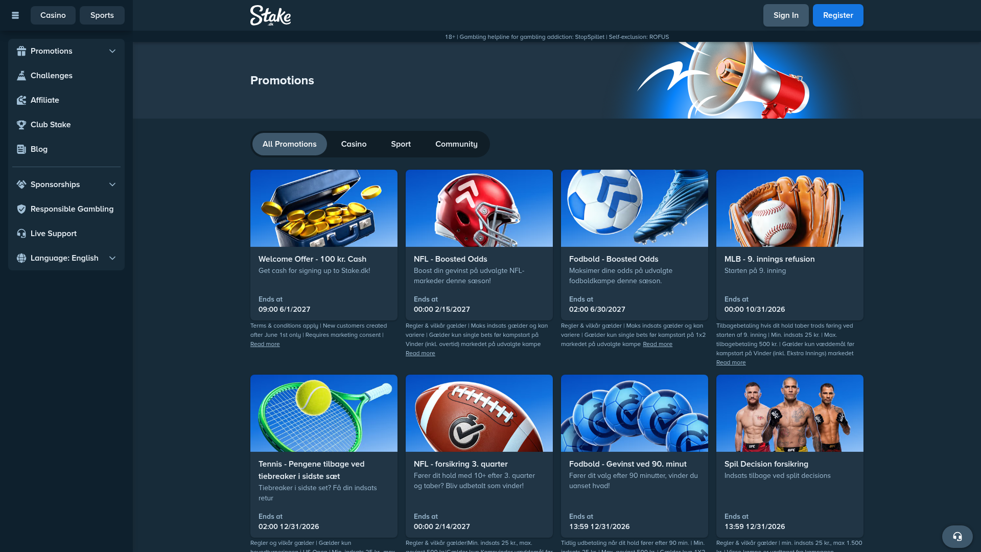 Stake.dk kampagneside med skiftende casino- og sportstilbud den 16. september 2026
