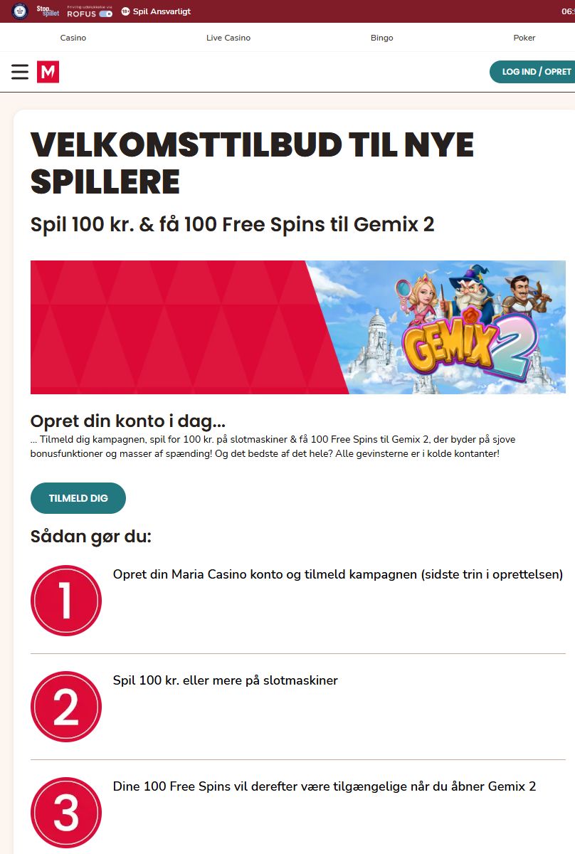 Maria Casino dansk bonusvisning, 3. oktober 2026
